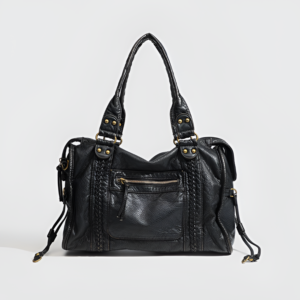 Women vegan leather shoulder bag crossbody in black compact structured