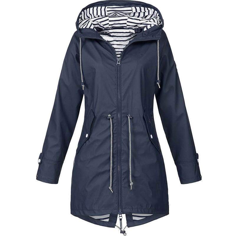 Women's raincoat windproof waterproof with adjustable hood and zip closure
