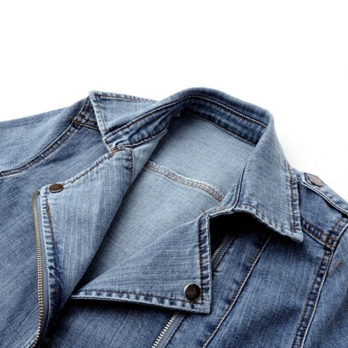 Women casual denim jacket relaxed fit with button-front closure and chest pockets