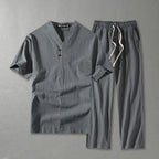 Men's linen blend two piece set with V-neck top and straight leg drawstring trousers
