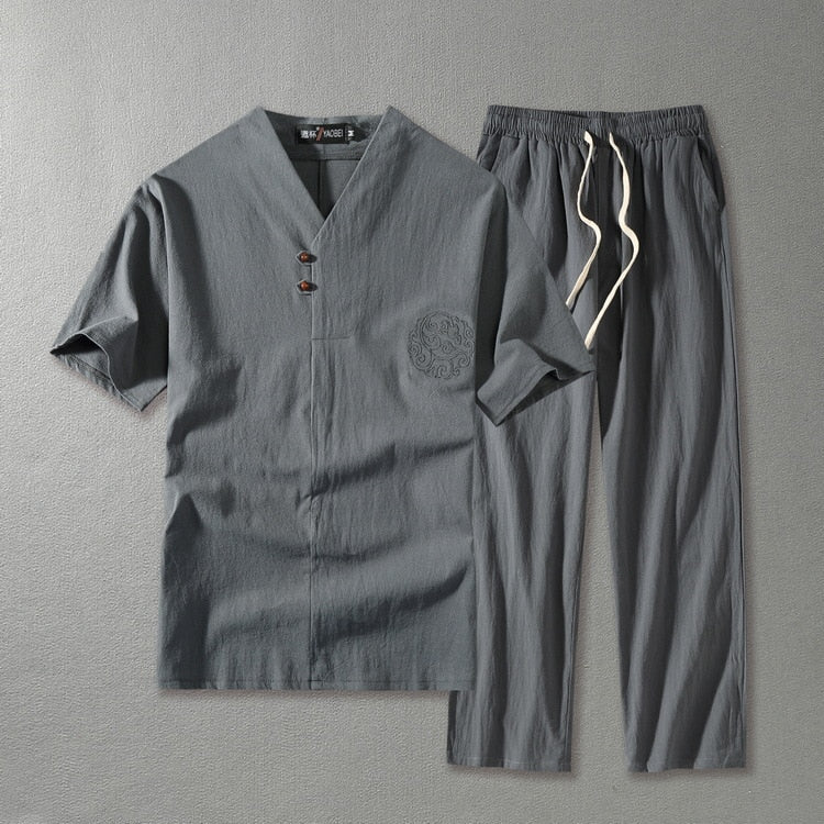 Men's linen blend two piece set with V-neck top and straight leg drawstring trousers