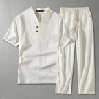 Men's linen blend two piece set with V-neck top and straight leg drawstring trousers