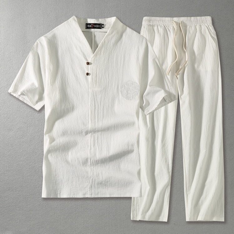 Men's linen blend two piece set with V-neck top and straight leg drawstring trousers
