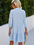 Women's summer dress light blue white check pattern, collarless casual style