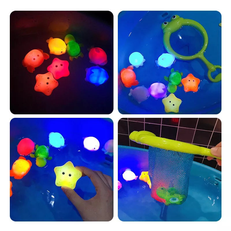 Light-up sea animal bath toys set of 4 with fishing net for kids