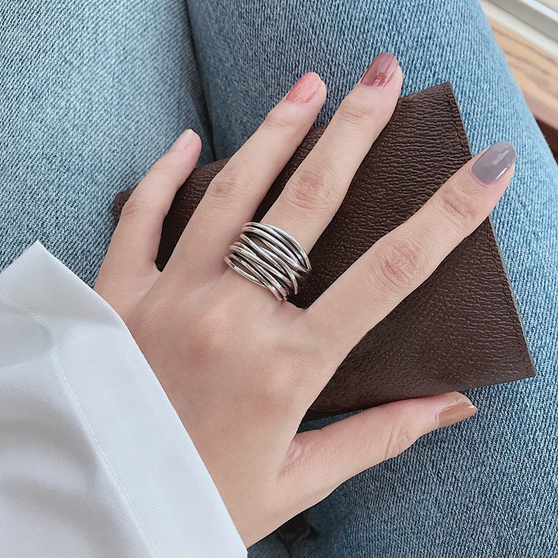 Adjustable layered silver ring, stackable women's jewelry fashion ring