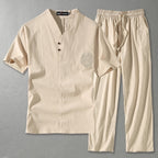Men's linen blend two piece set with V-neck top and straight leg drawstring trousers