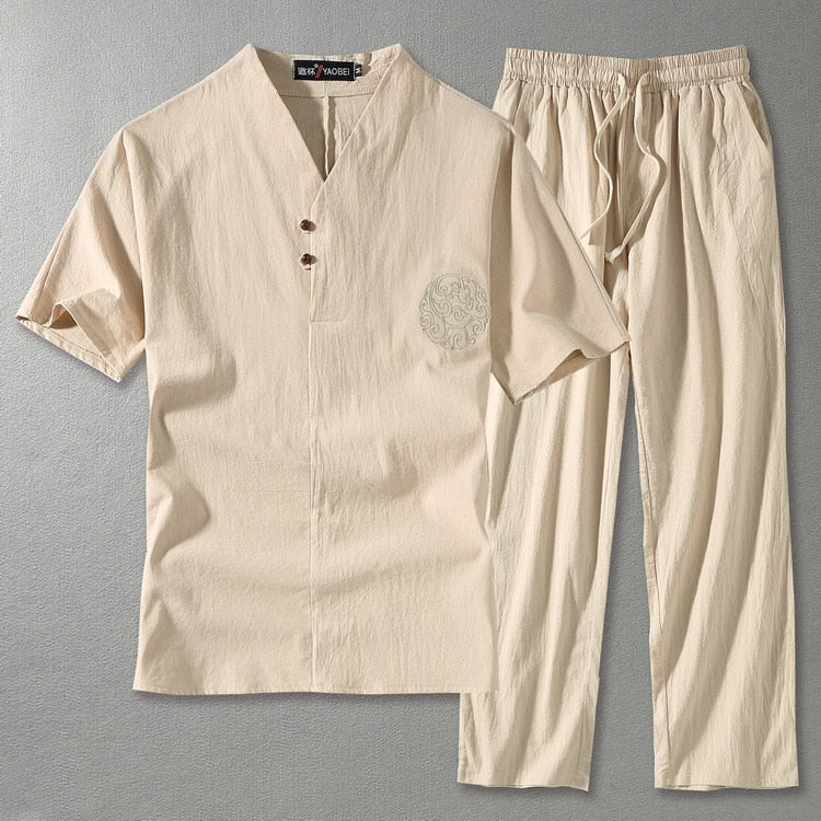 Men's linen blend two piece set with V-neck top and straight leg drawstring trousers