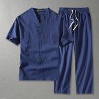 Men's linen blend two piece set with V-neck top and straight leg drawstring trousers