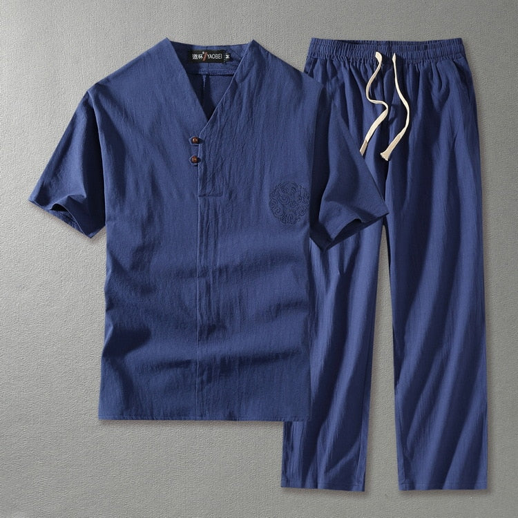Men's linen blend two piece set with V-neck top and straight leg drawstring trousers