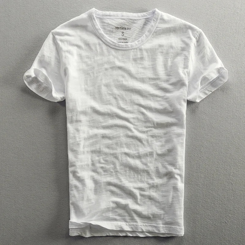 Men cotton vintage t-shirt Japanese minimalist O-neck organic cotton