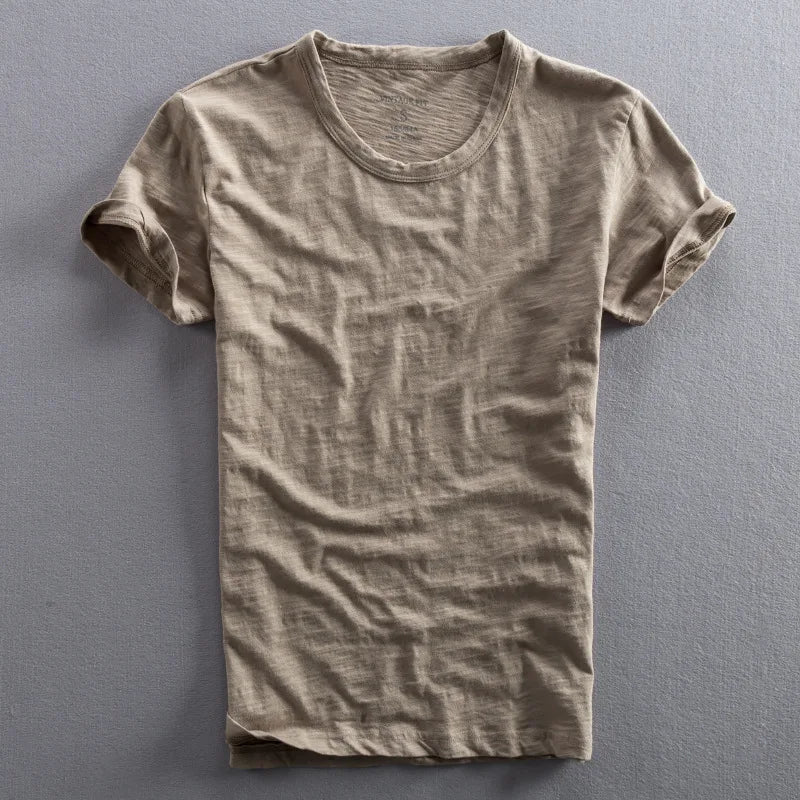 Men cotton vintage t-shirt Japanese minimalist O-neck organic cotton
