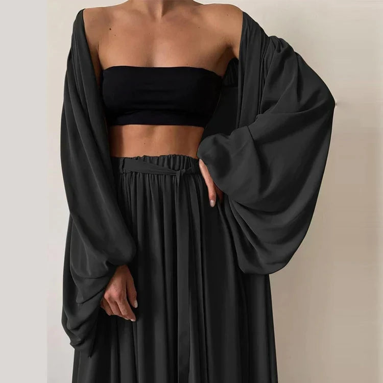 Women's 3-piece summer set with blazer, wide-leg trousers and top, S–3XL