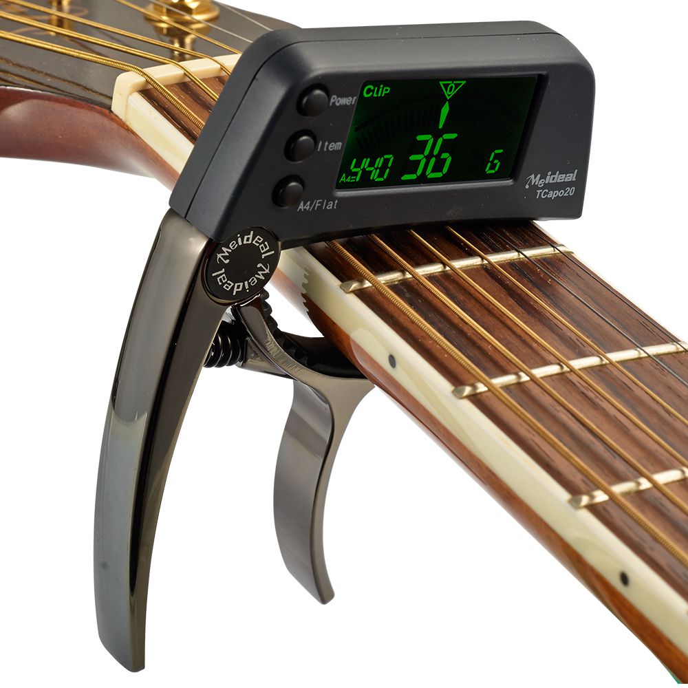 Guitar capo and tuner 2-in-1 clip-on with chromatic LCD display, aluminium alloy