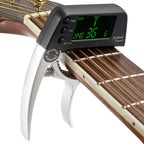 Guitar capo and tuner 2-in-1 clip-on with chromatic LCD display, aluminium alloy