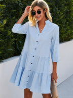 Women's summer dress light blue white check pattern, collarless casual style