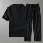 Men's linen blend two piece set with V-neck top and straight leg drawstring trousers