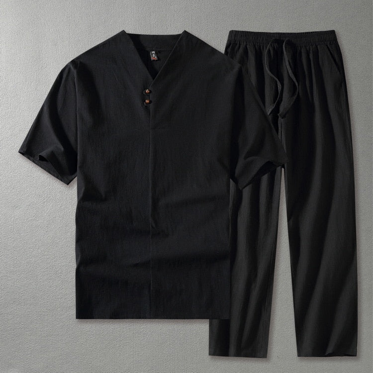 Men's linen blend two piece set with V-neck top and straight leg drawstring trousers