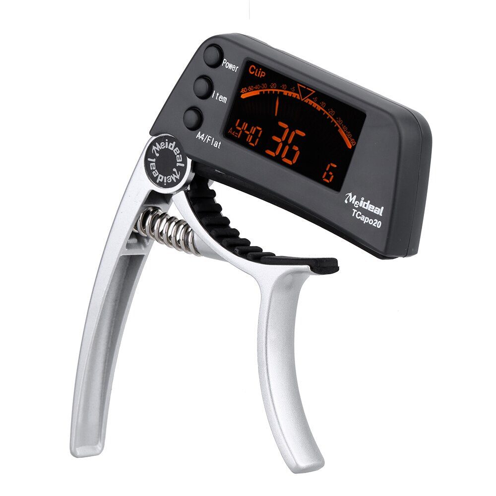 Guitar capo and tuner 2-in-1 clip-on with chromatic LCD display, aluminium alloy