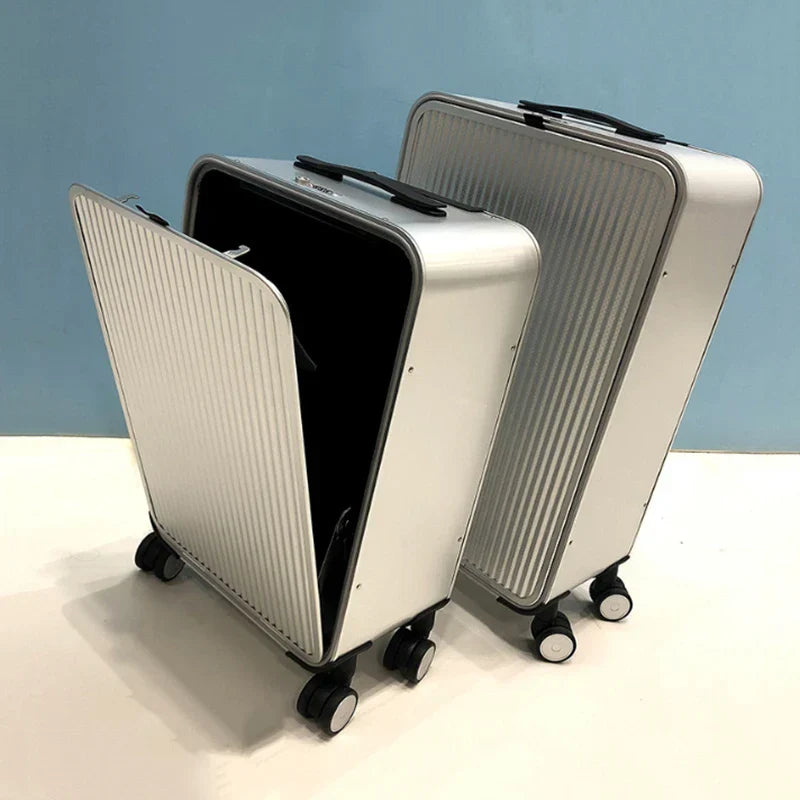Aluminium hard shell suitcase with 360° spinner wheels, available in silver and black