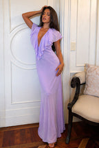 Women maxi dress V neck ruffle detail flutter sleeves fitted silhouette