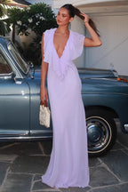 Women maxi dress V neck ruffle detail flutter sleeves fitted silhouette