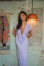 Women maxi dress V neck ruffle detail flutter sleeves fitted silhouette