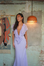 Women maxi dress V neck ruffle detail flutter sleeves fitted silhouette