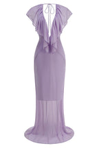 Women maxi dress V neck ruffle detail flutter sleeves fitted silhouette