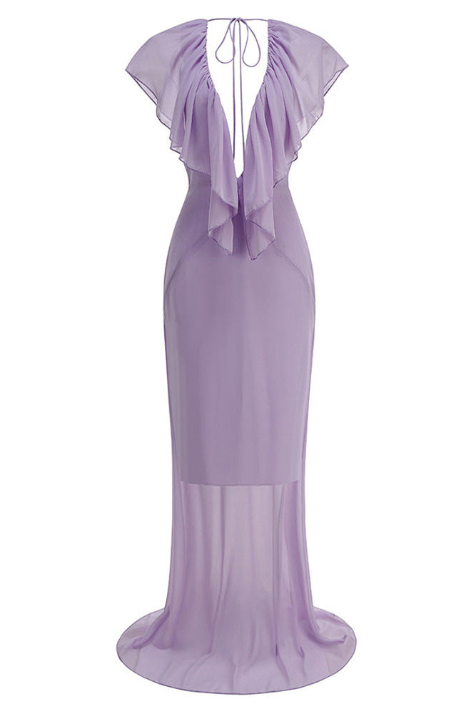 Women maxi dress V neck ruffle detail flutter sleeves fitted silhouette