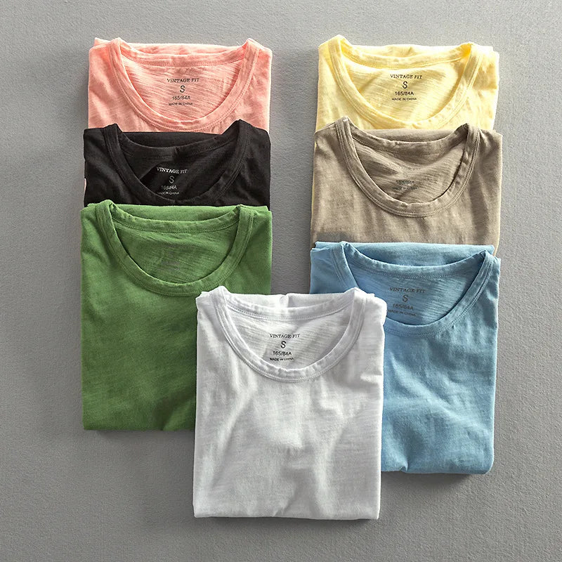 Men cotton vintage t-shirt Japanese minimalist O-neck organic cotton