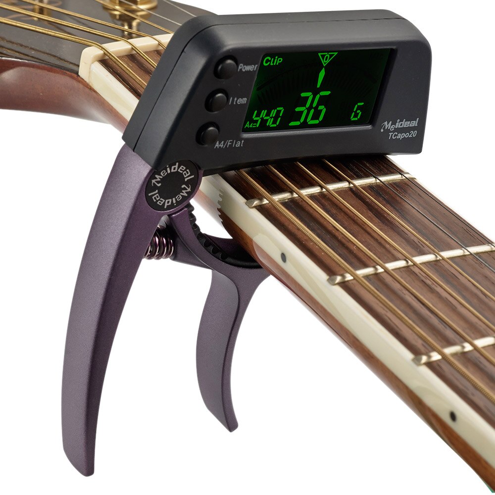 Guitar capo and tuner 2-in-1 clip-on with chromatic LCD display, aluminium alloy