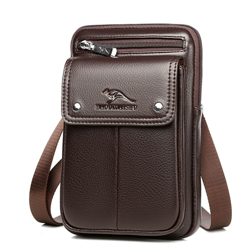 Men leather crossbody bag with zipper closure and adjustable shoulder strap