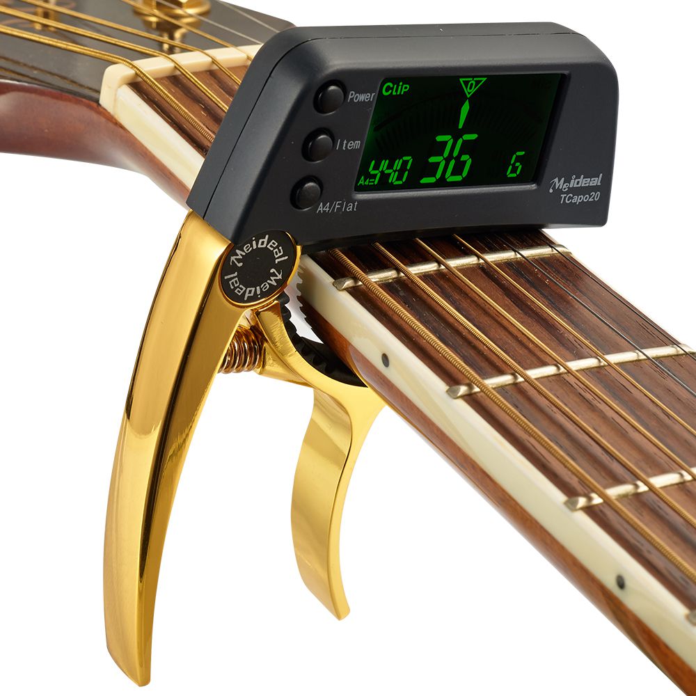 Guitar capo and tuner 2-in-1 clip-on with chromatic LCD display, aluminium alloy