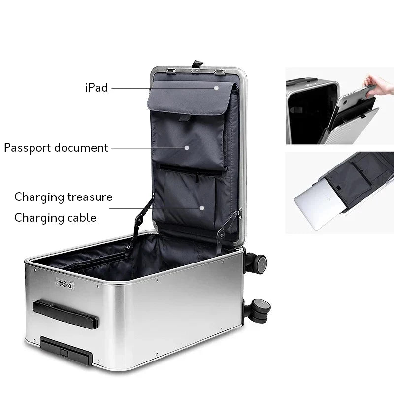 Aluminium hard shell suitcase with 360° spinner wheels, available in silver and black