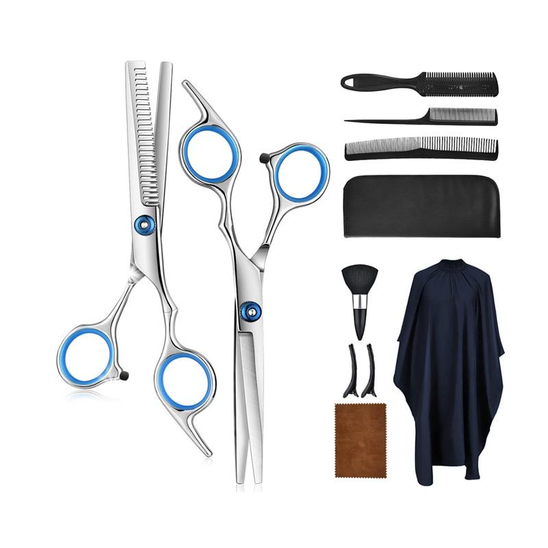 10-piece DIY hair cutting kit with stainless steel scissors, salon cape, combs and hair clips