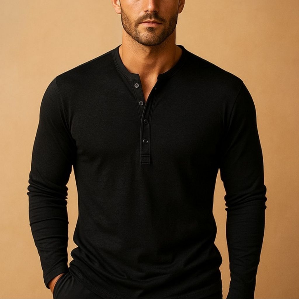 Men slim fit long sleeve Henley shirt with button neckline