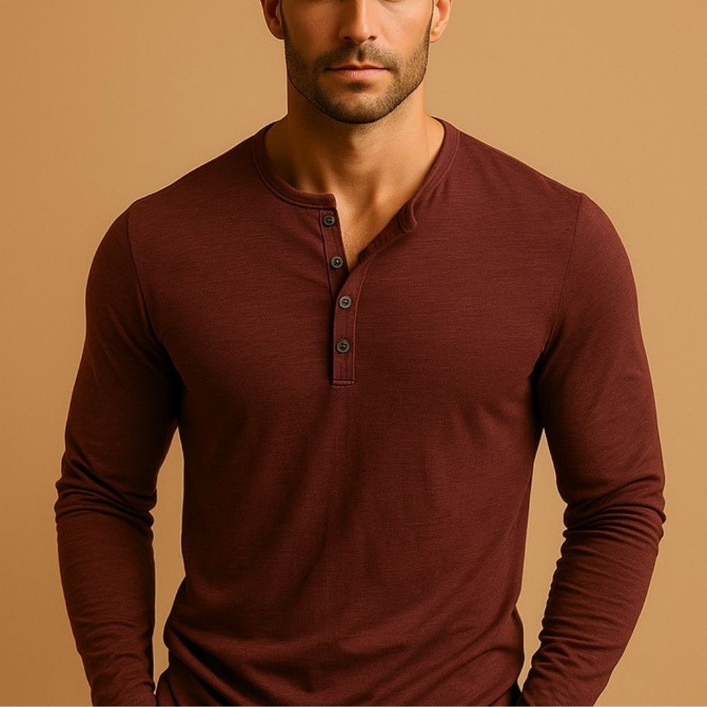 Men slim fit long sleeve Henley shirt with button neckline