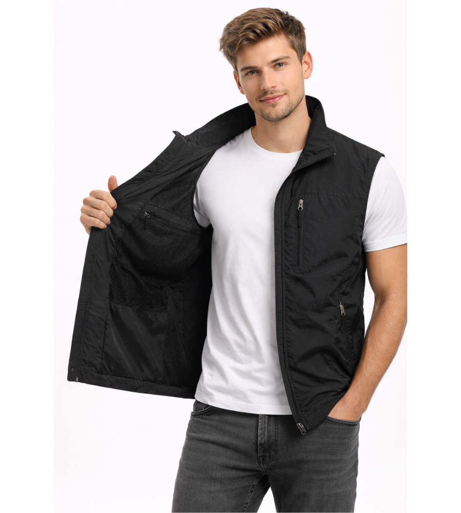Men's sleeveless vest stand collar zip-up multi-pocket casual outdoor