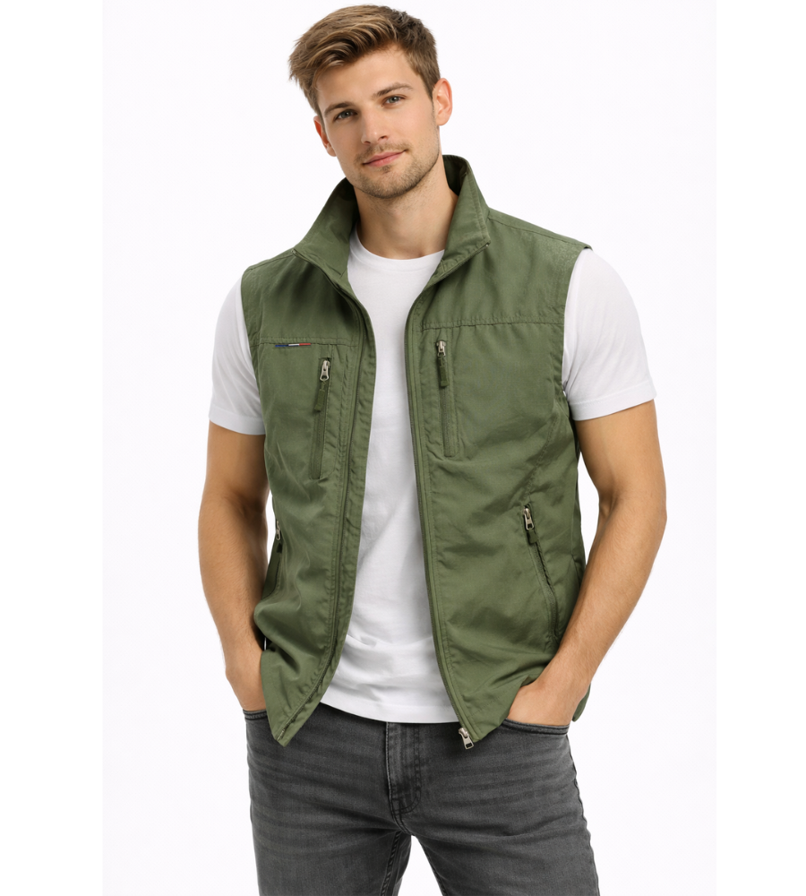 Men's sleeveless vest stand collar zip-up multi-pocket casual outdoor
