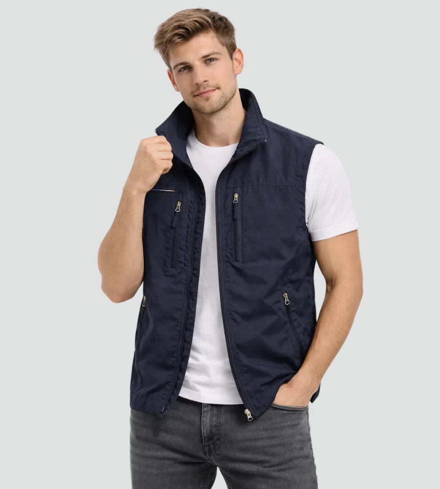 Men's sleeveless vest stand collar zip-up multi-pocket casual outdoor