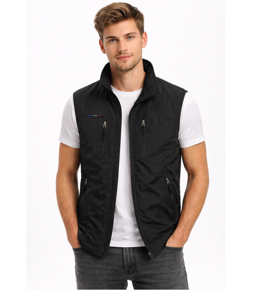 Men's sleeveless vest stand collar zip-up multi-pocket casual outdoor