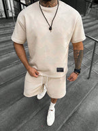 Men's summer set with oversized T-shirt and sporty drawstring shorts, casual lightweight