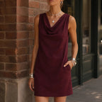 Mini Dress Women Cowl Neck Sleeveless Shift Side Pockets