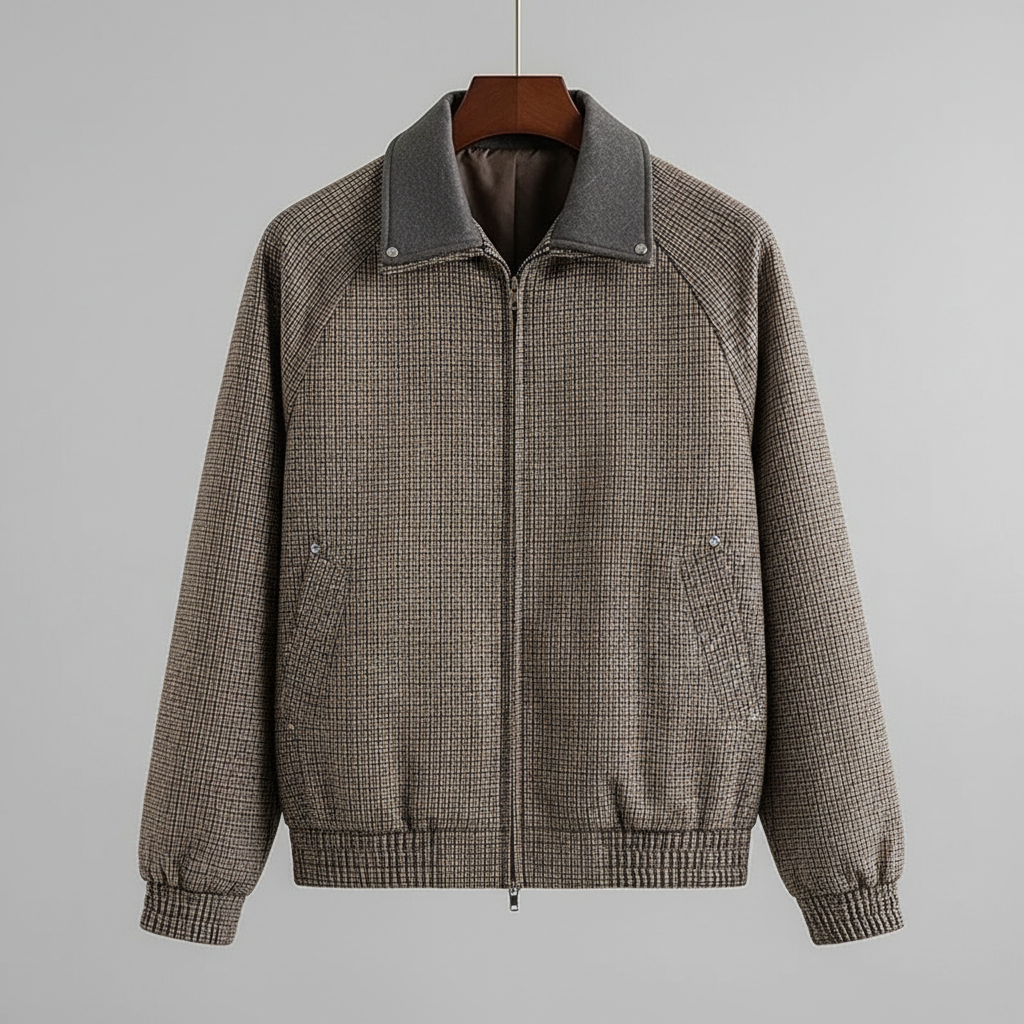 Men cotton blend sport jacket tailored fit with micro-check pattern and full zip
