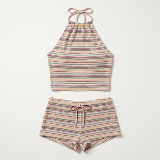 Halter Top | Multi Stripe, High Neck | Open Back, Adjustable Tie