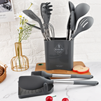 12-piece silicone kitchen utensil set with stainless steel handles and storage holder
