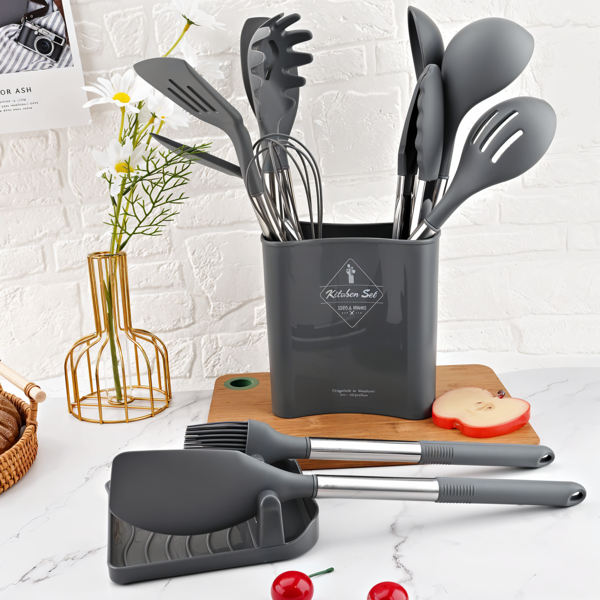 12-piece silicone kitchen utensil set with stainless steel handles and storage holder