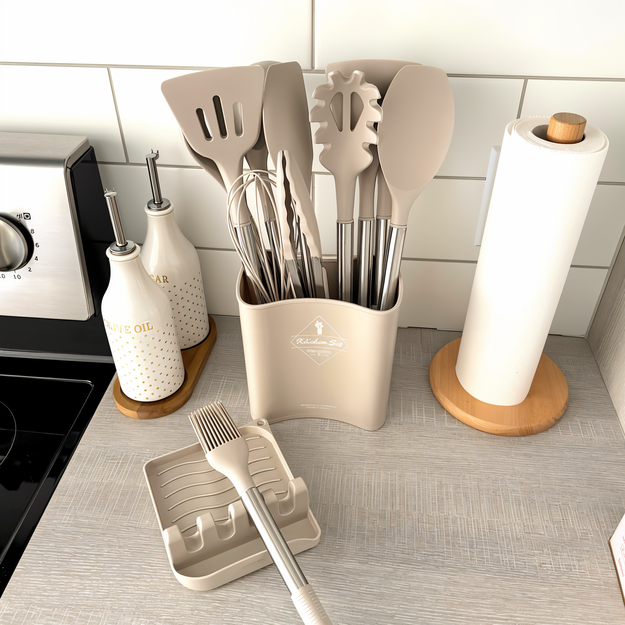 12-piece silicone kitchen utensil set with stainless steel handles and storage holder