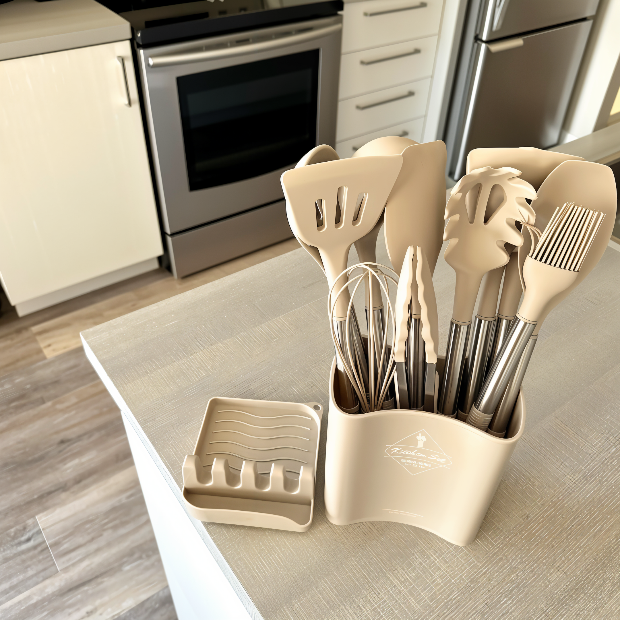 12-piece silicone kitchen utensil set with stainless steel handles and storage holder